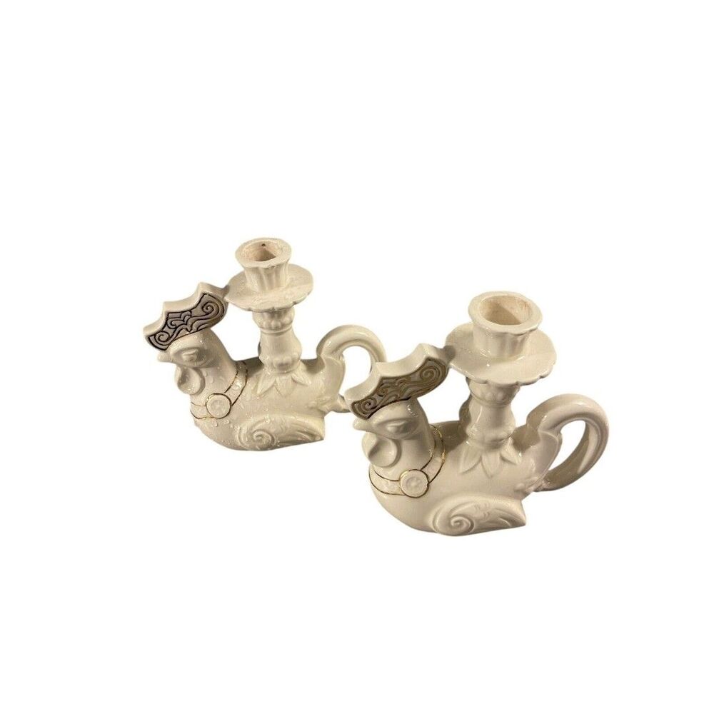 Vintage Candle Stick Holders Chickens Gold Accents Cream Colored Set of 2